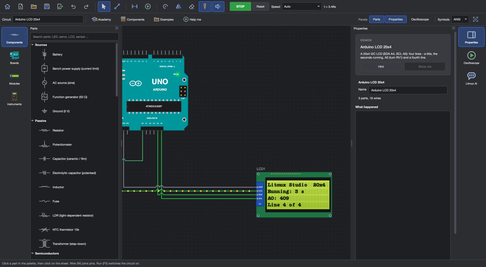 Electronics Studio running an Arduino with a 20x4 LCD