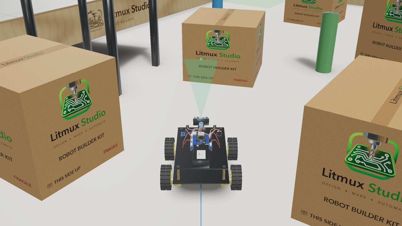 A robot car built in Robot Builder finds its way round boxes